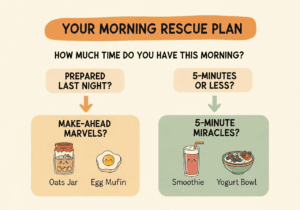 A helpful infographic flowchart for the Kitchen Rescue blog that guides users to either a Make-Ahead or 5-Minute breakfast recipe based on their time.