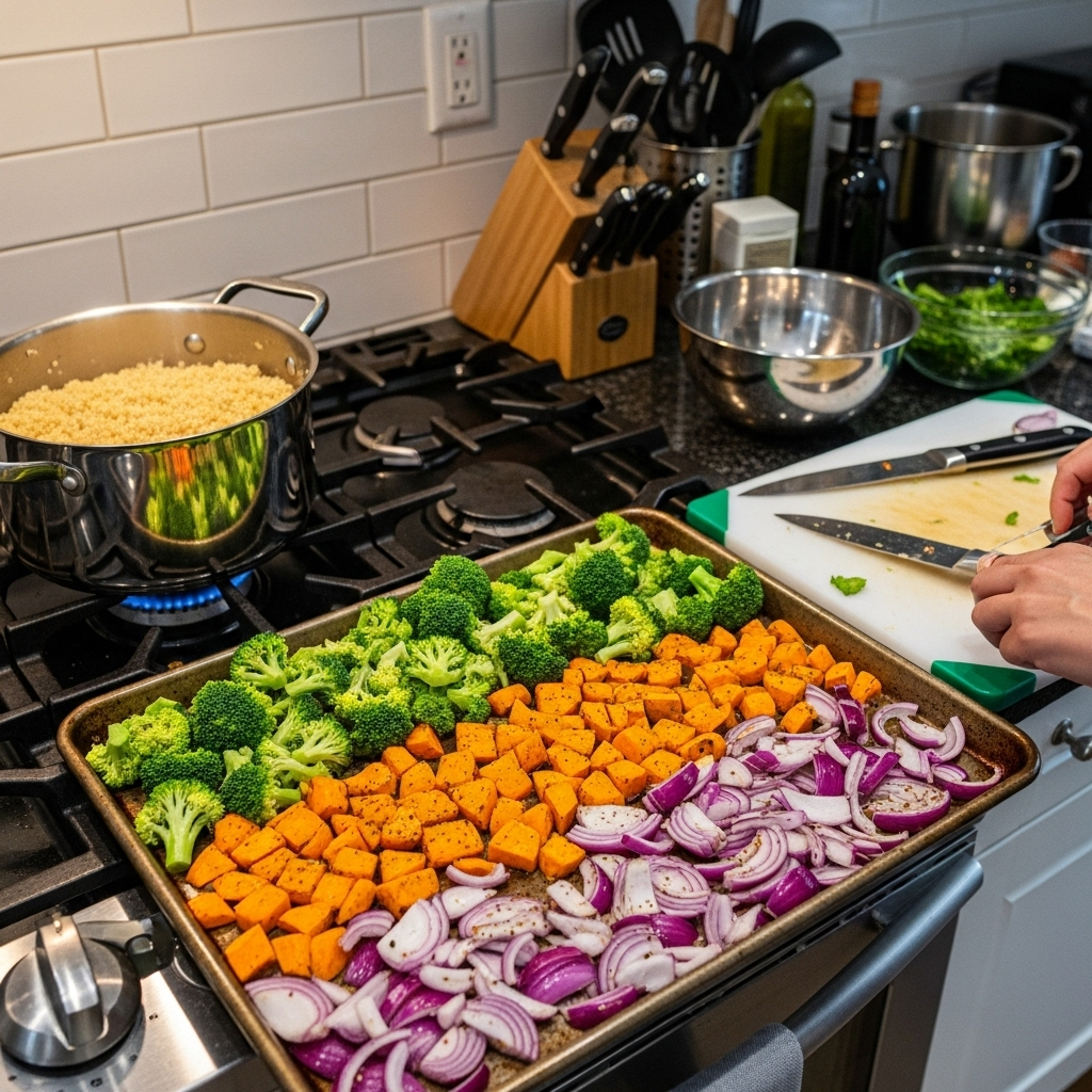 A kitchen counter during a meal prep session, with a pot of quinoa simmering on the stove and a sheet pan of vegetables ready for the oven.