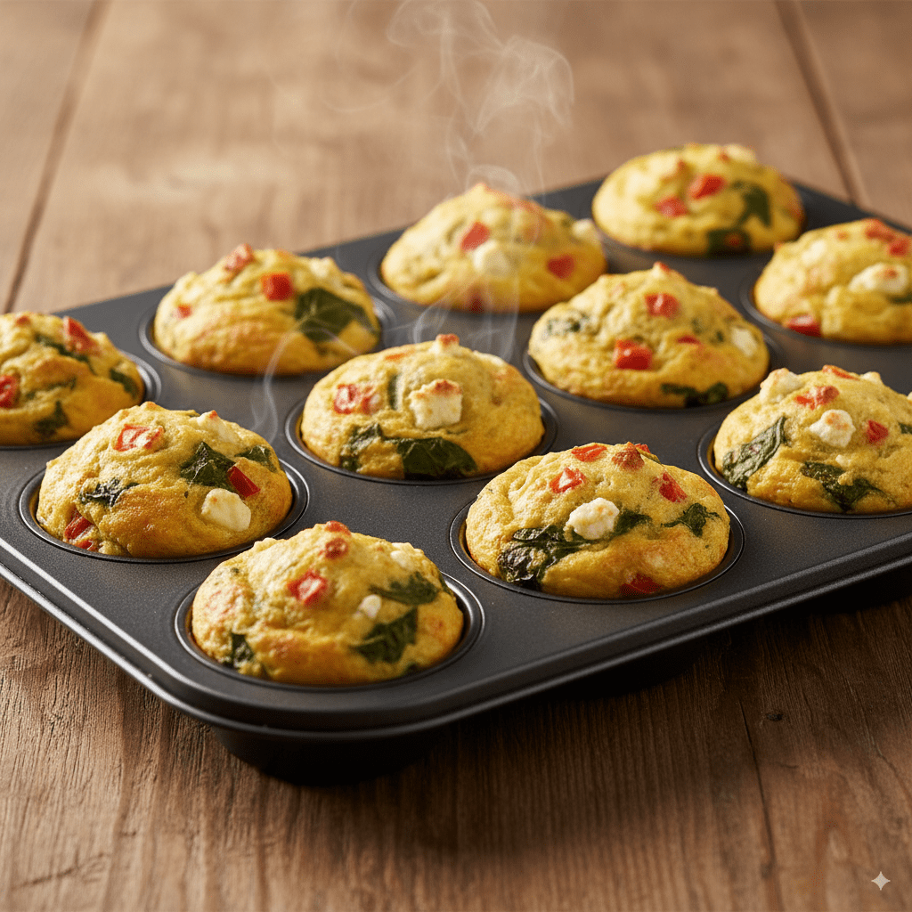 A muffin tin fresh from the oven, with twelve golden-brown and puffed breakfast egg muffins.