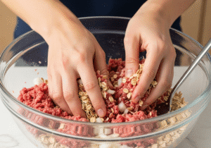 A pair of hands gently mixing the ingredients for a 5-ingredient meatloaf in a glass bowl to keep it tender.