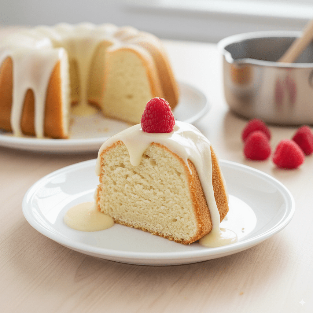 A perfect, moist slice of the rescued vanilla cake on a white plate, topped with a simple glaze and a fresh raspberry.