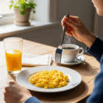 A-person-at-a-breakfast-table-about-to-eat-a-plate-of-perfectly-fluffy-scrambled-eggs.