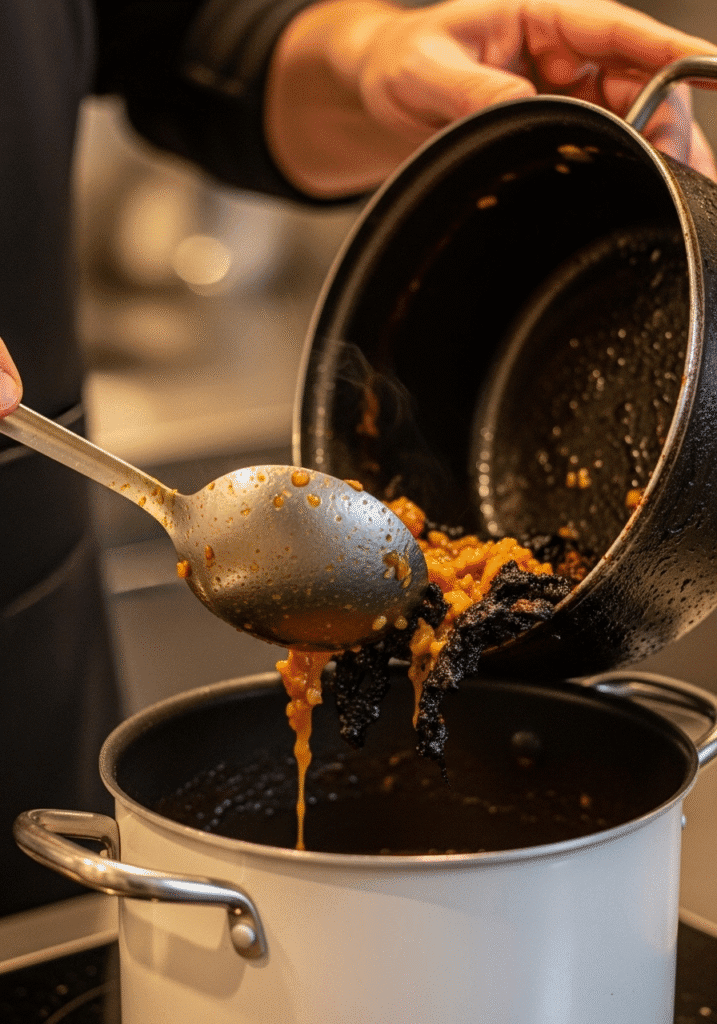 A person carefully scooping the un-burnt part of a stew from a burnt pot into a clean pot, leaving the burnt layer behind.
