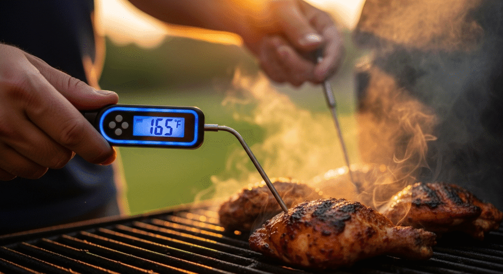 A person grilling at night, easily reading the bright backlit display of the best instant-read thermometer.
