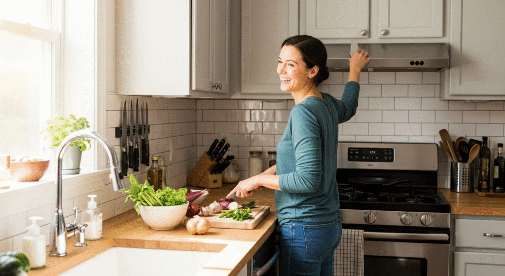 A person happily cooking in their small kitchen, easily grabbing a knife from the magnetic knife holder on the wall.