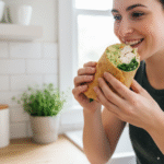 A-person-holding-a-finished-rotisserie-chicken-and-avocado-wrap-in-their-hands-ready-to-eat.