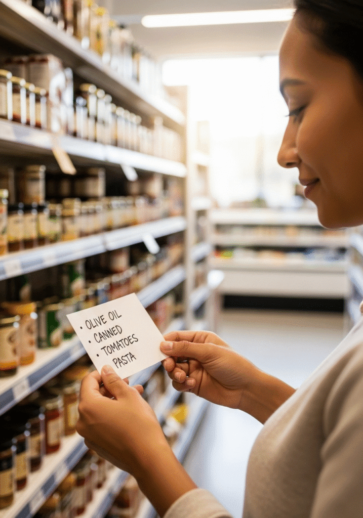 A person in a grocery store aisle looking at a simple shopping list with pantry staples written on it.