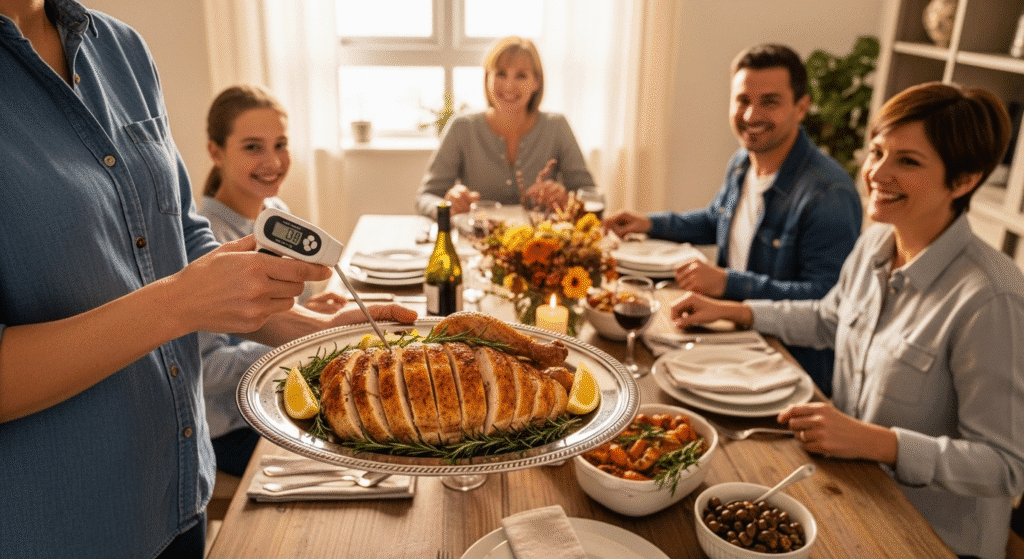 A person proudly serving a perfectly cooked roast chicken to their family, feeling confident thanks to their meat thermometer.