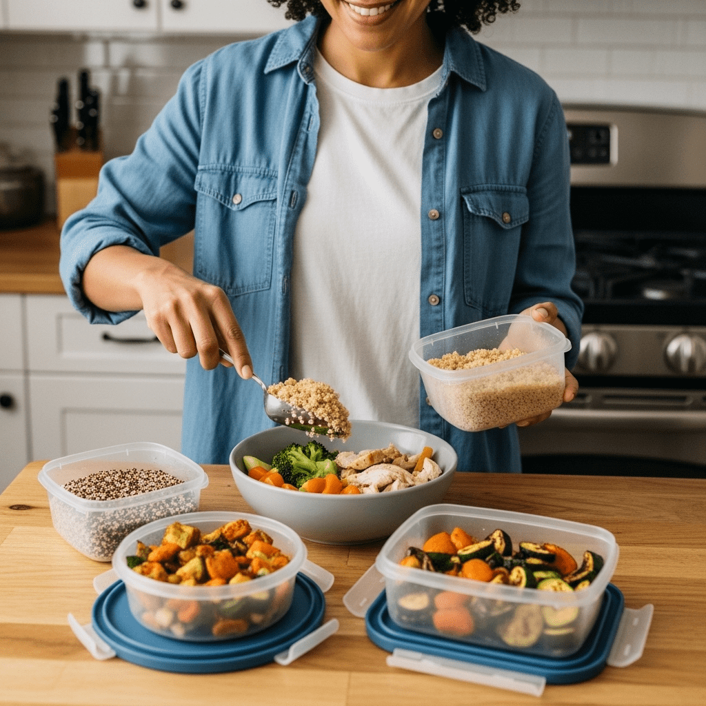 A person quickly and easily assembling a healthy dinner bowl in their kitchen using pre-prepped ingredients from containers.