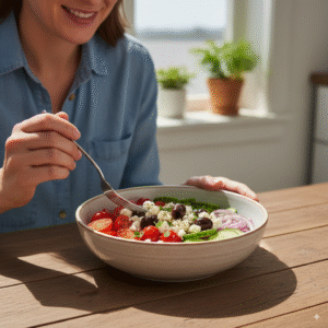 A-person-sitting-at-a-sunny-table-about-to-eat-a-fresh-and-colorful-Mediterranean-bowl.