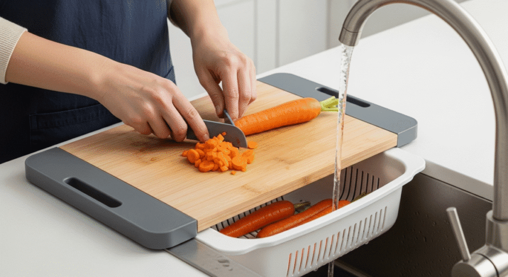 A person sliding chopped carrots from the cutting surface of an over sink cutting board directly into its built-in colander.
