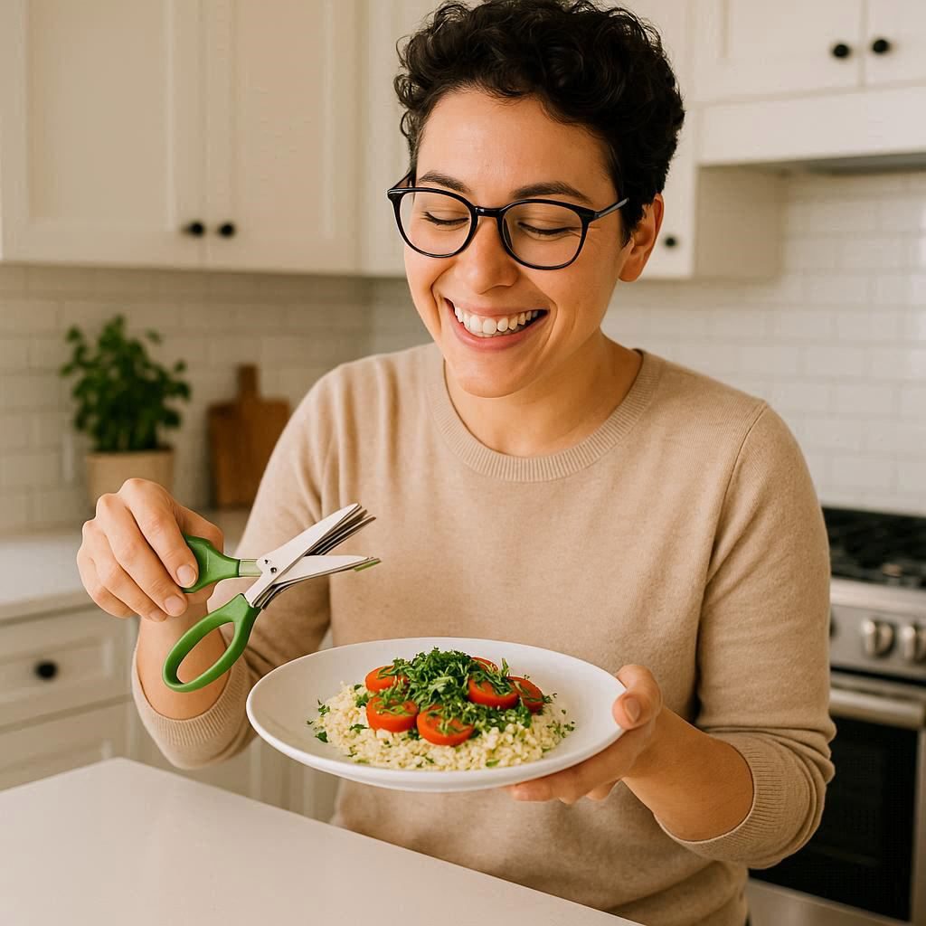 A person smiling in their clean kitchen, holding a pair of the best herb scissors after easily garnishing a dish.