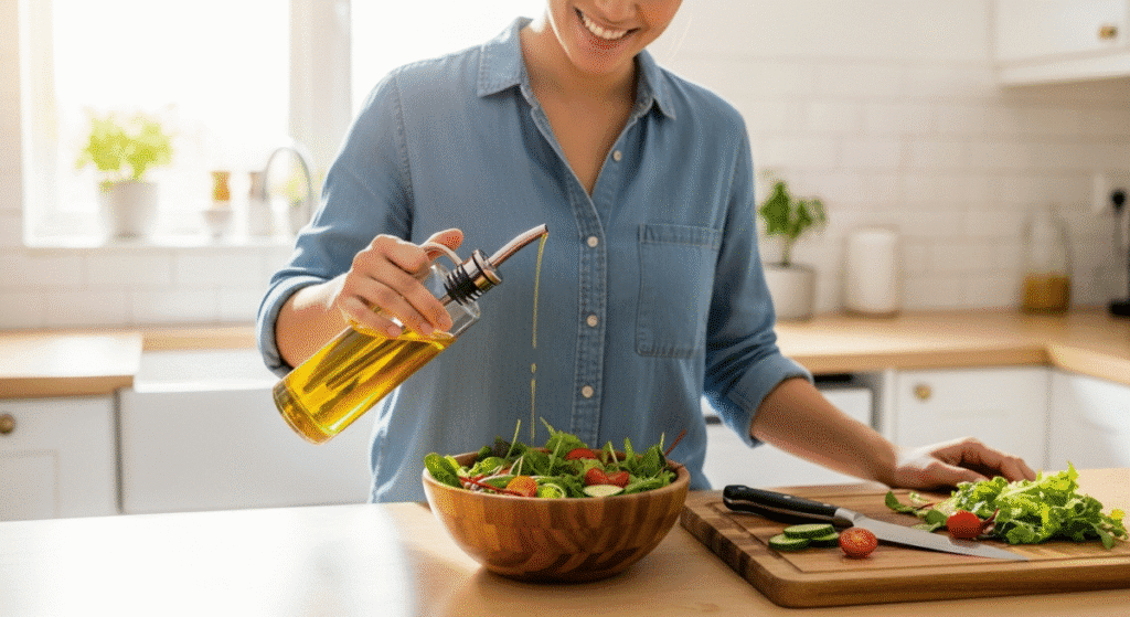 A person smiling in their clean kitchen, holding an oil dispenser bottle no drip, ready to drizzle oil on a salad.