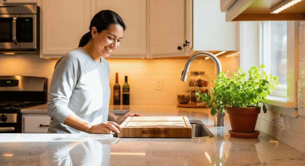A person smiling in their clean, organized small kitchen, with their over sink cutting board giving them extra counter space.