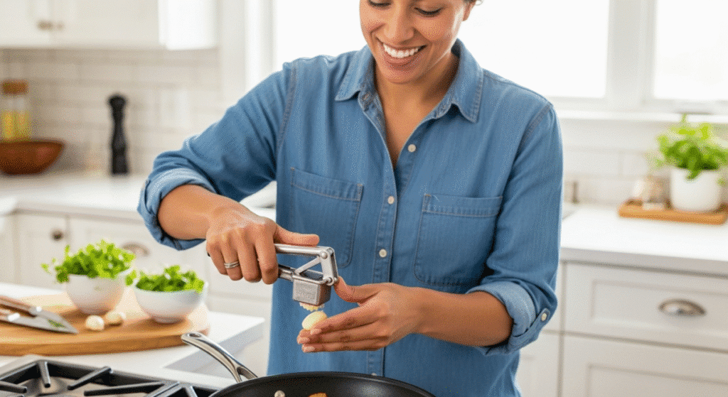 A person smiling in their kitchen, happily using a garlic press easy to clean without getting their hands messy or smelly.