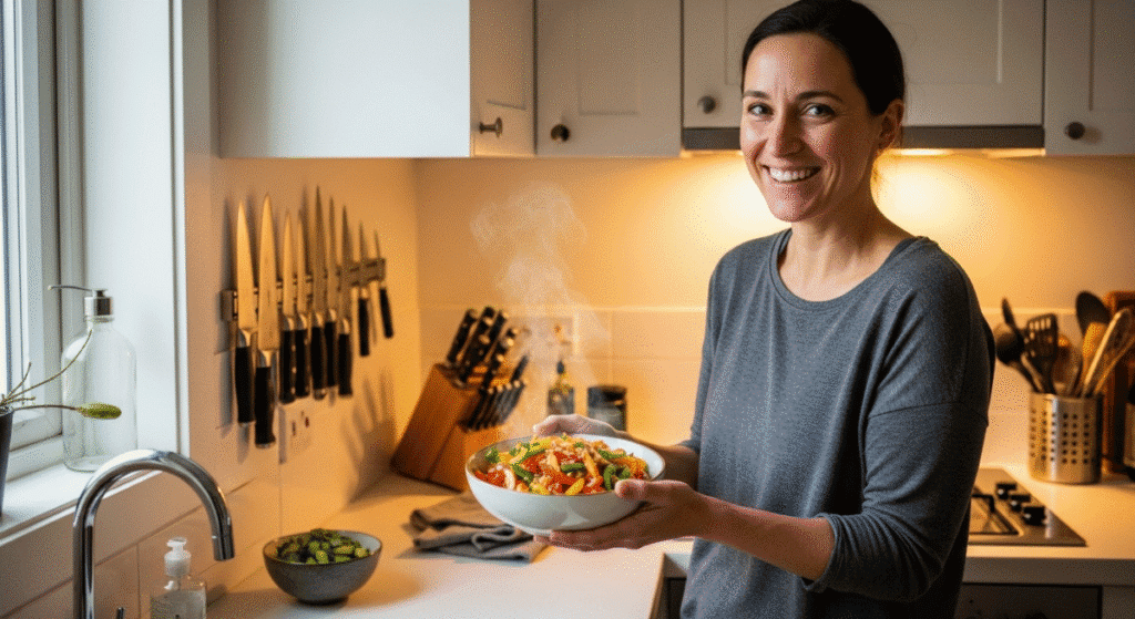 A person smiling in their organized small kitchen, holding a finished bowl of the 5-minute stir-fry they made with their sharp knives.