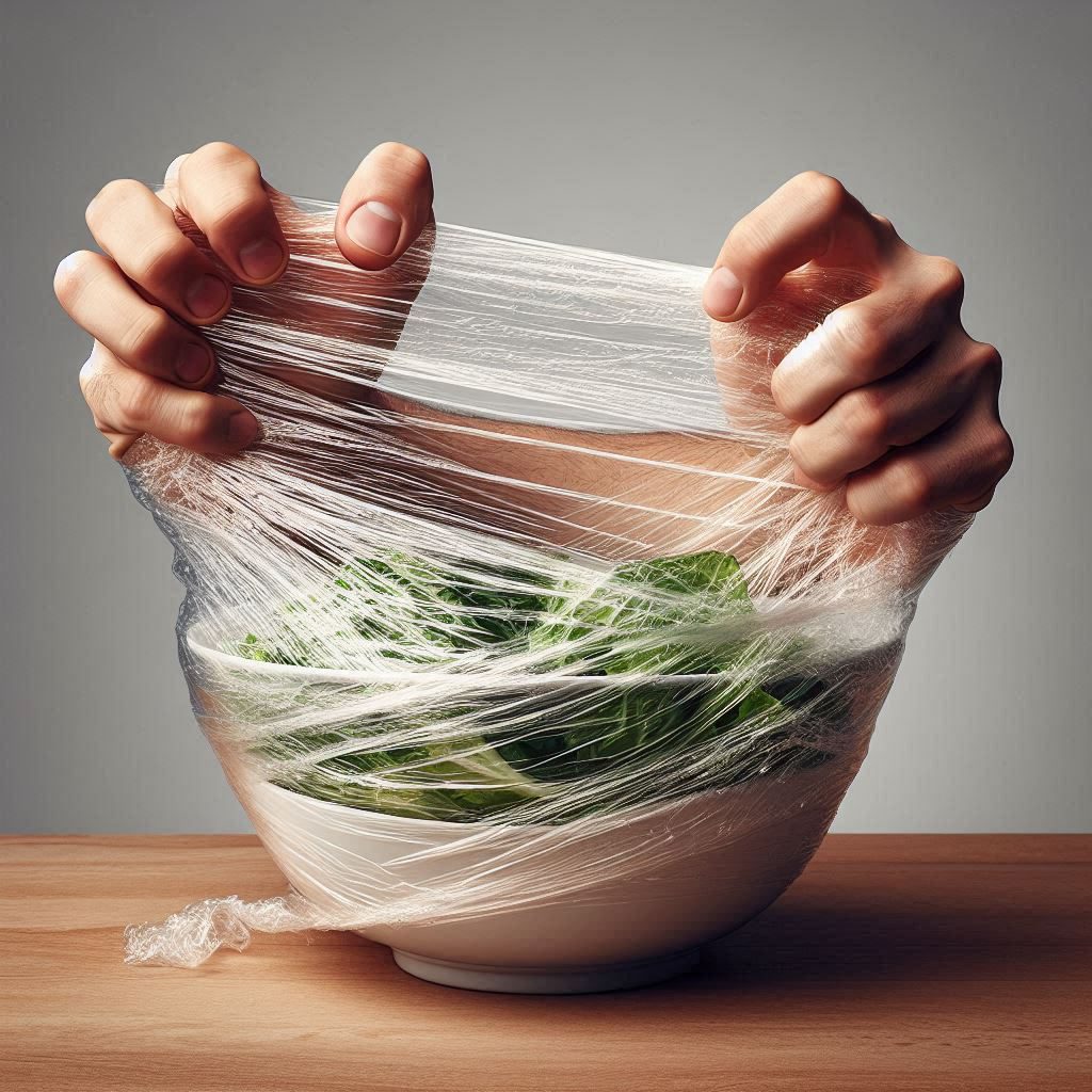 A person struggling with a tangled, messy piece of plastic wrap, showing a common kitchen frustration.
