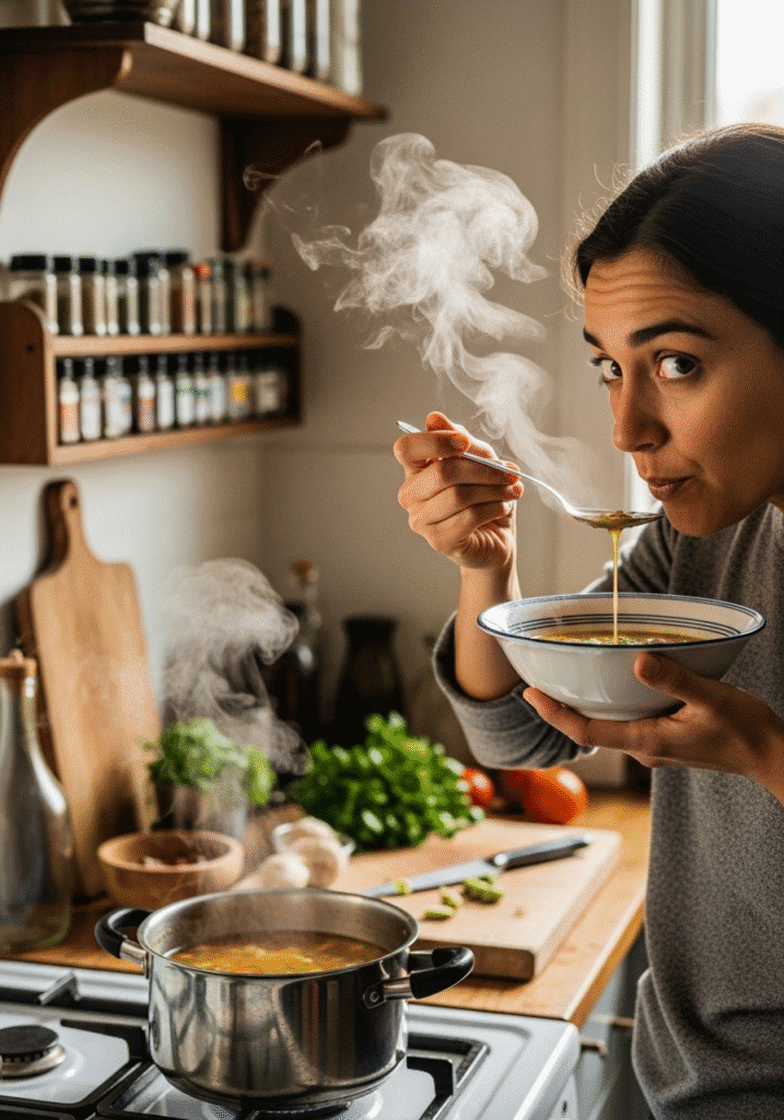 A person thoughtfully tasting a spoonful of soup from a pot on the stove, a key step in fixing bland, boring food.