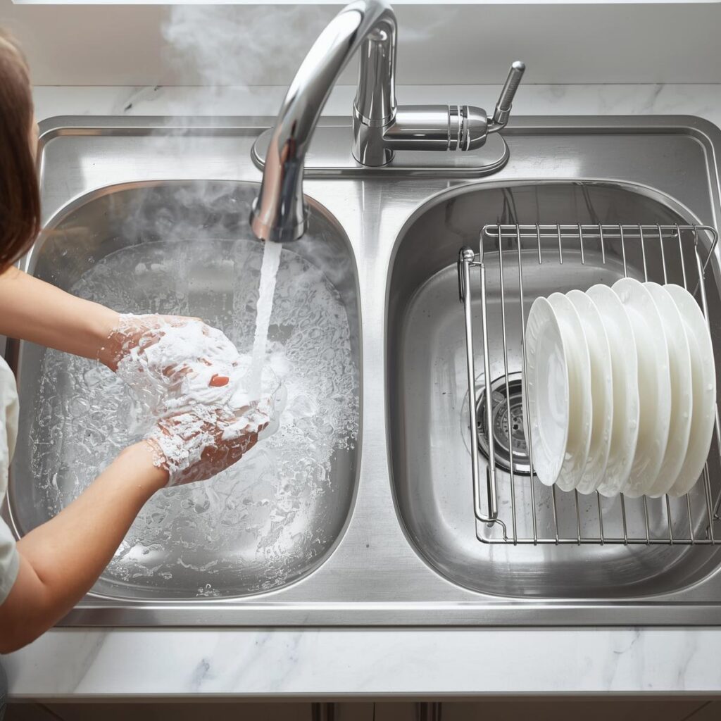 A person using a double-basin sink to demonstrate the three-compartment dishwashing system for proper kitchen hygiene.