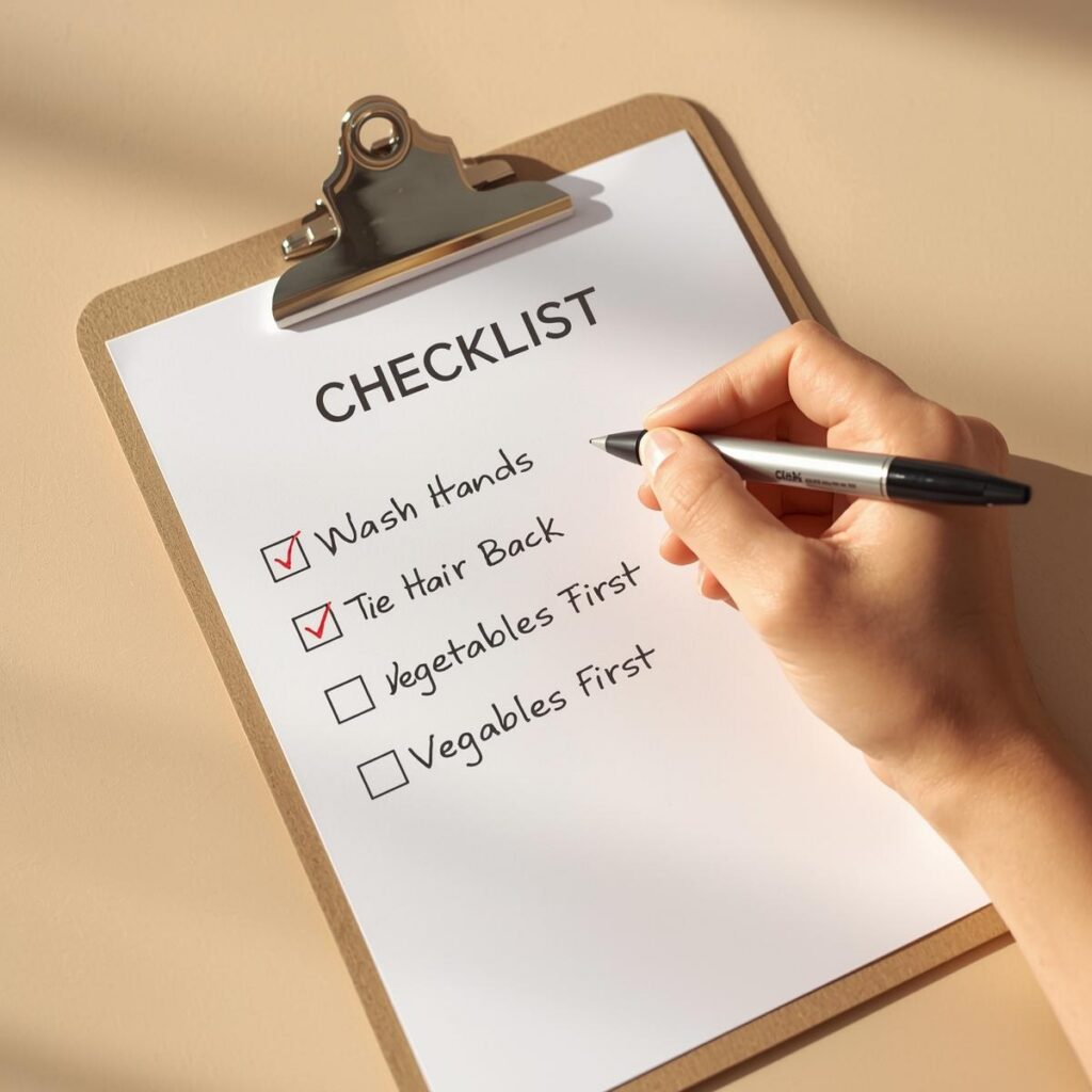 A person's hand checking off an item on a simple kitchen hygiene checklist.