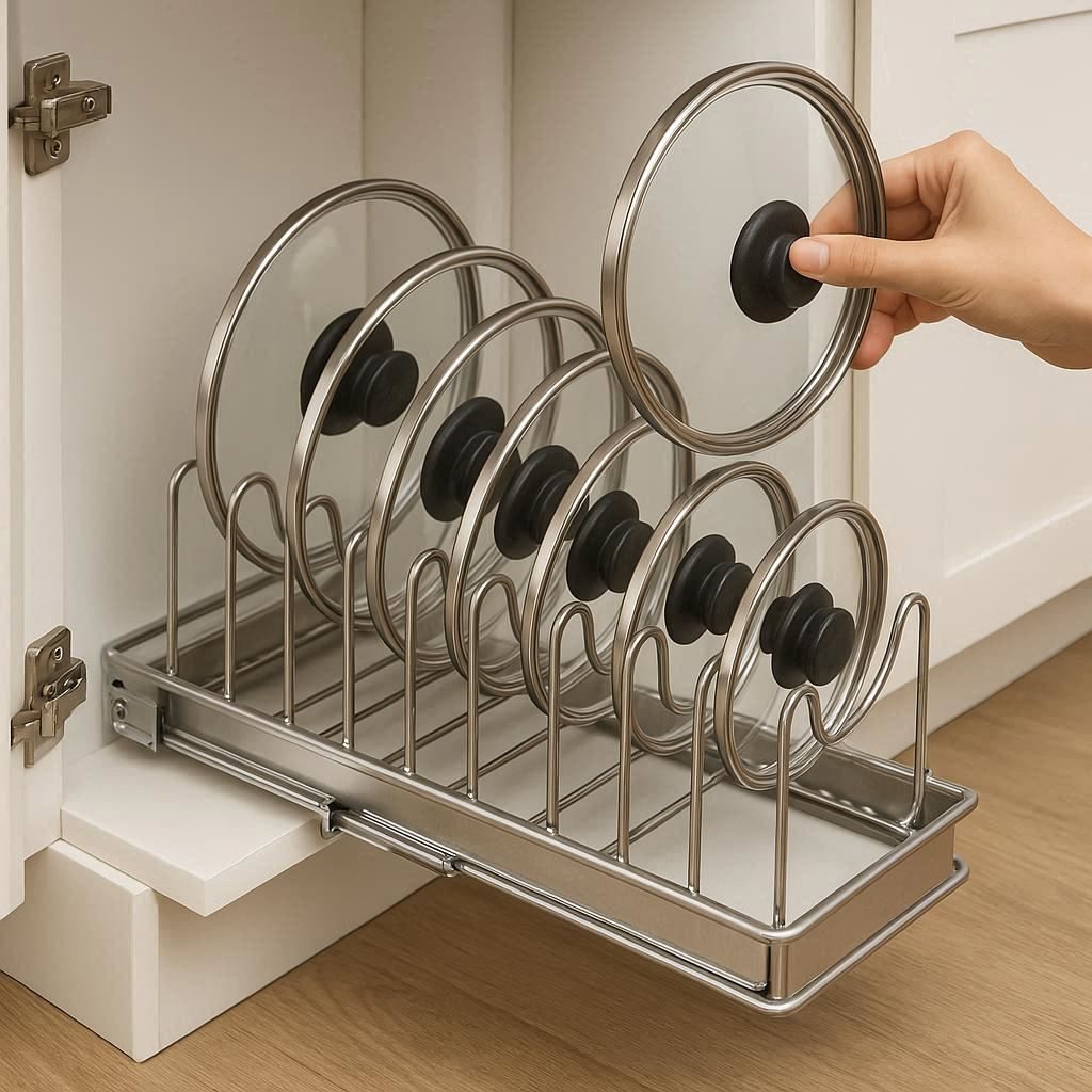 A person's hand effortlessly selecting a single pot lid from a fully extended pull out organizer rack.