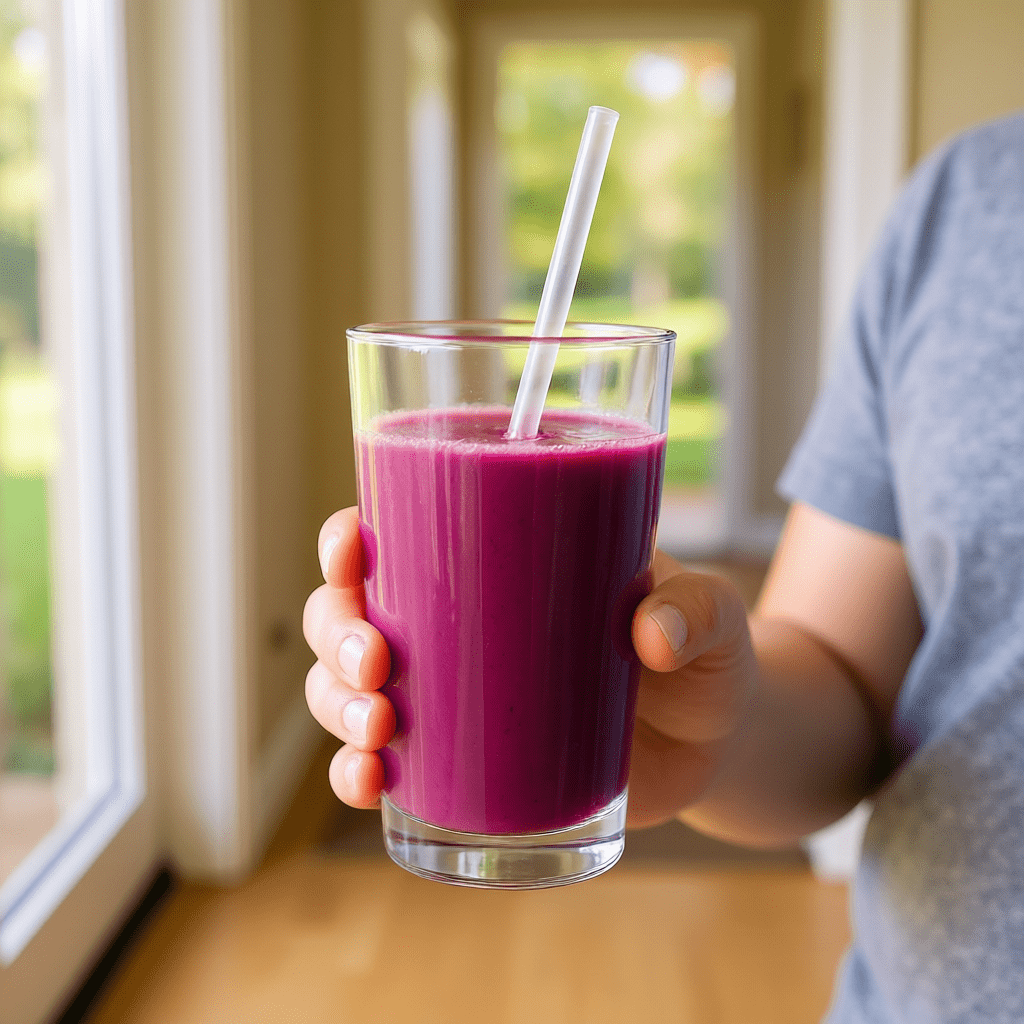 A person's hand holding a freshly made superfood smoothie in a glass, ready to take it on the go for a busy morning.