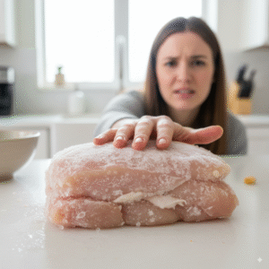 A person's hand touching a solid, icy block of frozen chicken breasts on a kitchen counter, representing a common dinner emergency.png