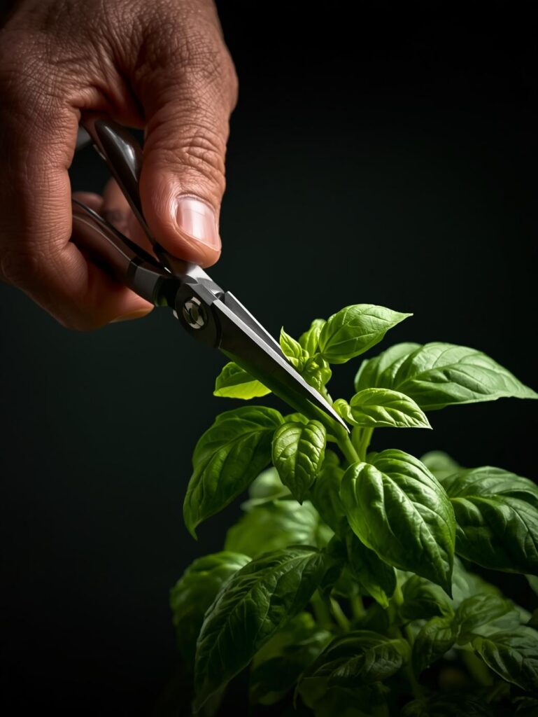 A person's hand using scissors to properly harvest a sprig of fresh basil from a plant, cutting just above a leaf node.