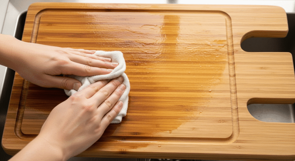 A person's hands applying food-safe mineral oil to a bamboo over sink cutting board to maintain it.
