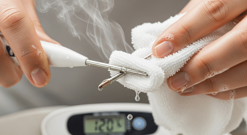 A person's hands carefully cleaning the probe of a digital meat thermometer with a soapy cloth after use.