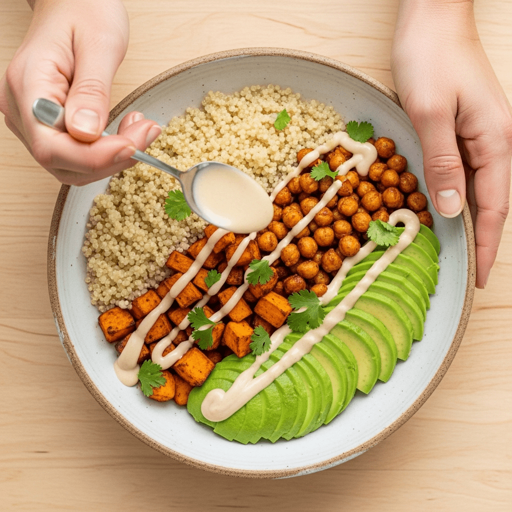 A person's hands drizzling a creamy tahini dressing over a colorful and healthy vegetarian Buddha bowl.