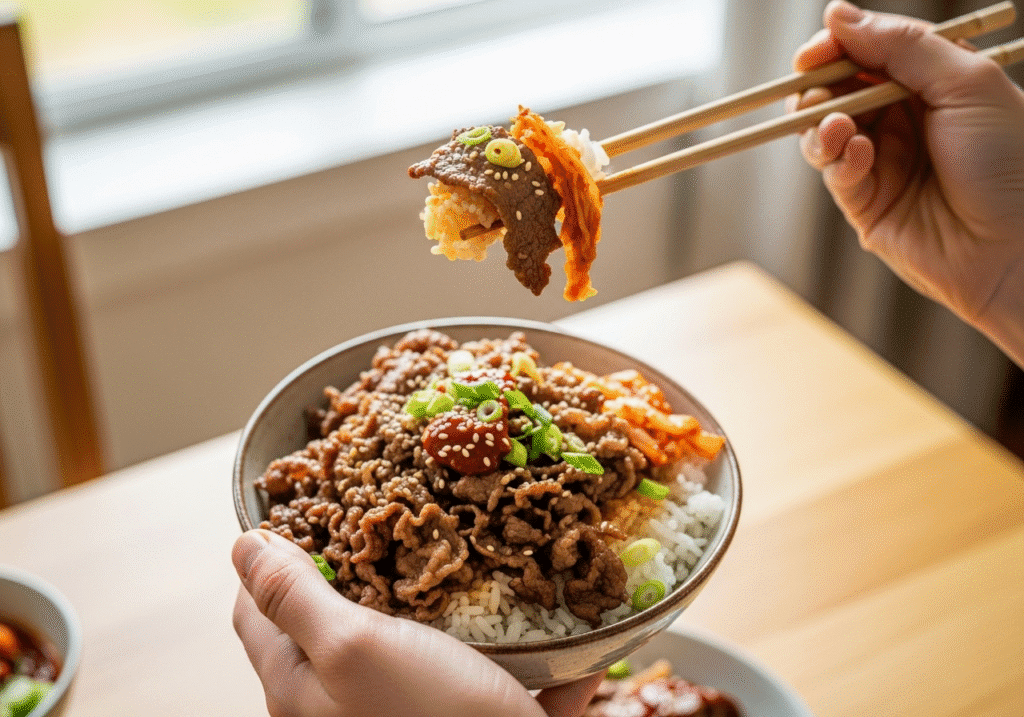 A person's hands holding a finished Korean beef bowl with chopsticks, ready to eat the quick and easy dinner.