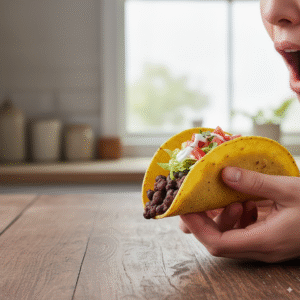A person's hands holding a finished black bean taco with fresh toppings, ready to eat.