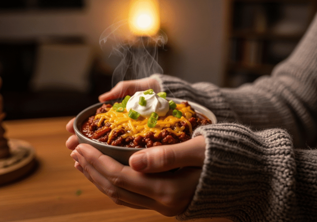 A person's hands in a cozy sweater holding a warm bowl of homemade beef chili with melted cheese on top.