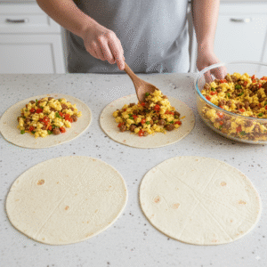 A-large-glass-bowl-of-the-hot-breakfast-burrito-filling-cooling-on-the-counter-to-prevent-soggy-burritos.