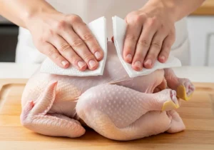 A-persons-hands-using-a-paper-towel-to-pat-a-whole-raw-chicken-completely-dry-before-roasting-it.