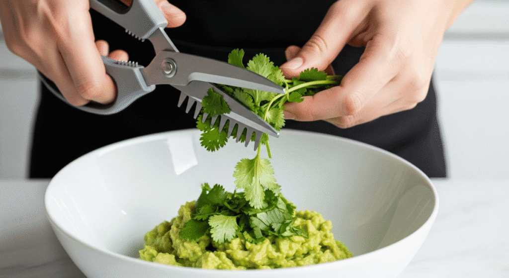  A person's hands using herb scissors with a cleaning comb to cut fresh chives directly into a bowl of soup as a garnish.