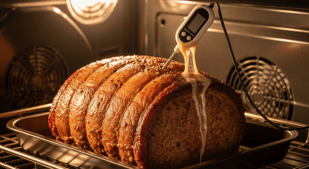 A photo showing a common mistake: leaving an instant-read meat thermometer inside meat while it is cooking in the oven.
