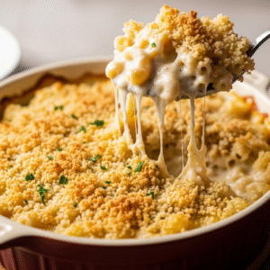 A-rustic-baking-dish-of-creamy-baked-healthier-mac-and-cheese-with-a-golden-brown-top-and-a-spoon-lifting-a-cheesy-scoop.