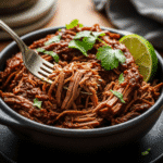 A rustic, dark bowl filled with tender, juicy slow cooker barbacoa beef, with a fork pulling apart the shredded meat.