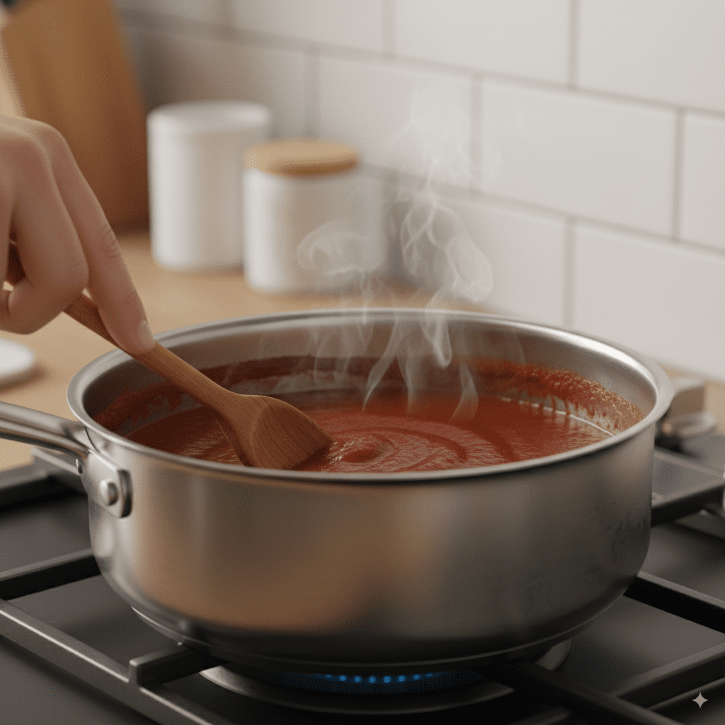 A saucepan of rich red tomato sauce simmering on a stove to thicken and reduce, with a wooden spoon stirring it.