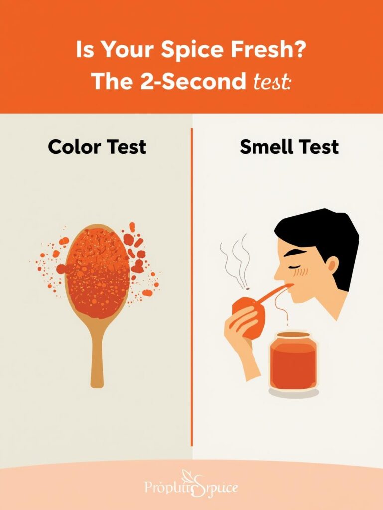 An infographic showing how to test spice freshness with a color test and a smell test.