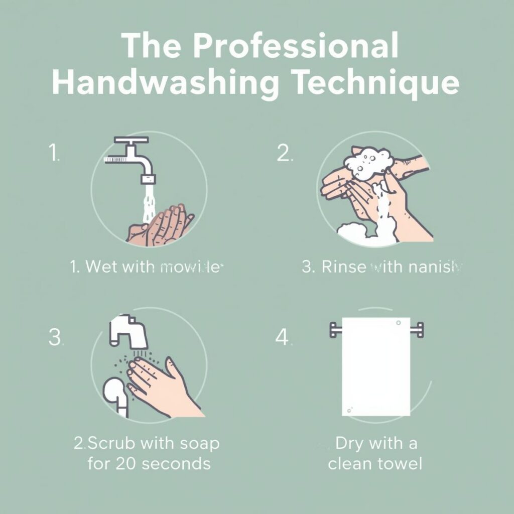 An infographic showing the four simple steps of the professional handwashing technique for proper kitchen hygiene.