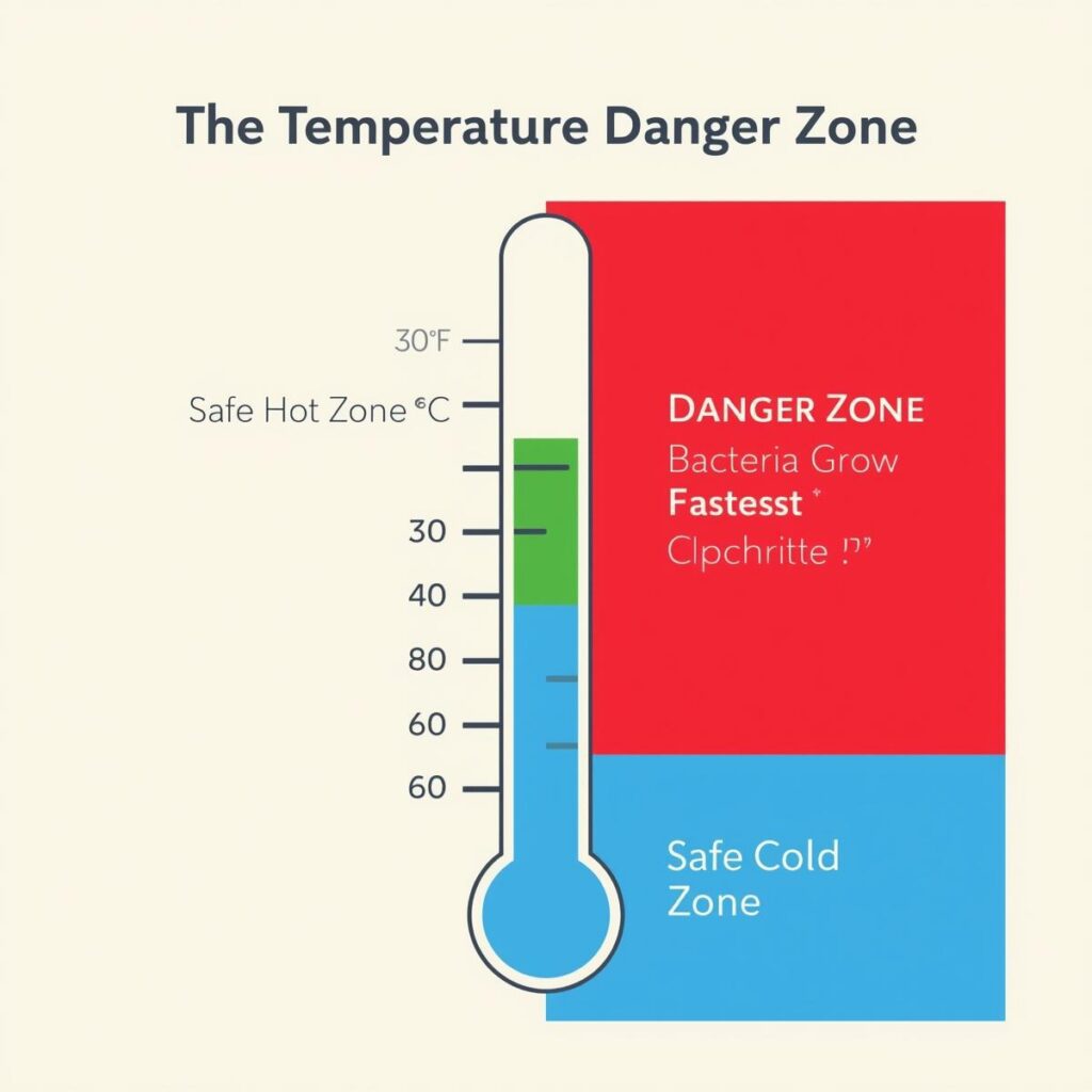 A simple chart infographic of a thermometer showing the temperature danger zone for food safety is between 40°F and 140°F
