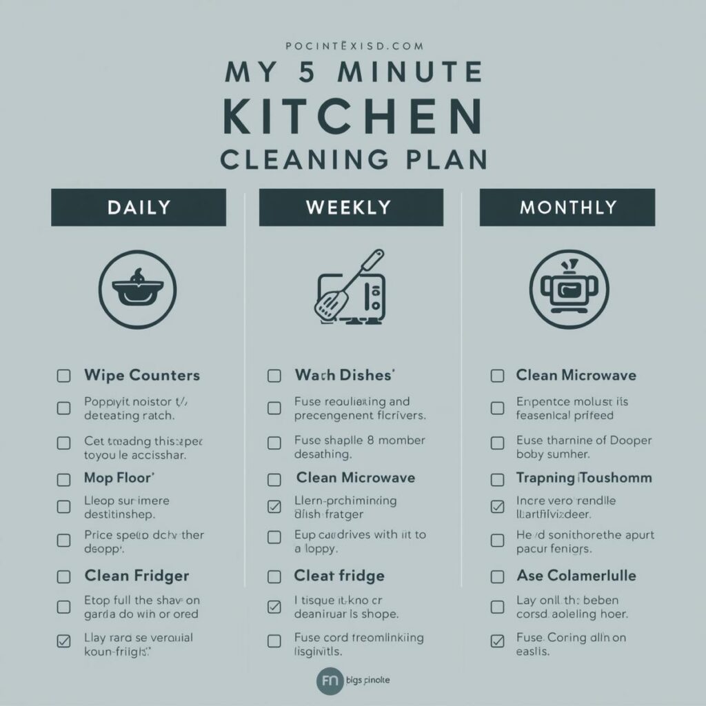 A simple chart outlining a daily, weekly, and monthly kitchen cleaning schedule for good kitchen hygiene.