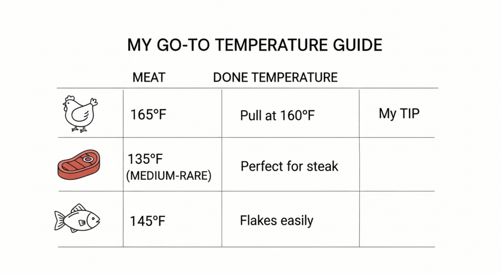 A simple chart with a meat temperature guide, showing the correct internal temperatures for chicken, beef, and fish.