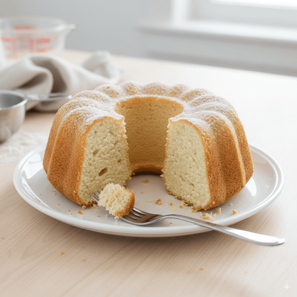 A slice of dry, crumbly vanilla cake on a plate, with a fork showing its crumbly texture.