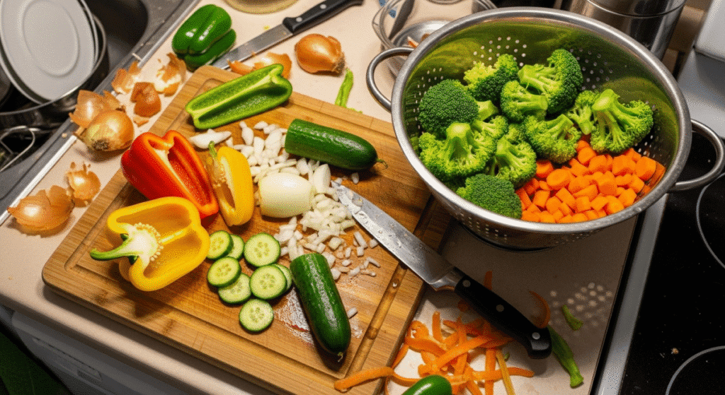 A small, crowded kitchen counter during meal prep, showing a cutting board and colander taking up all the space.
