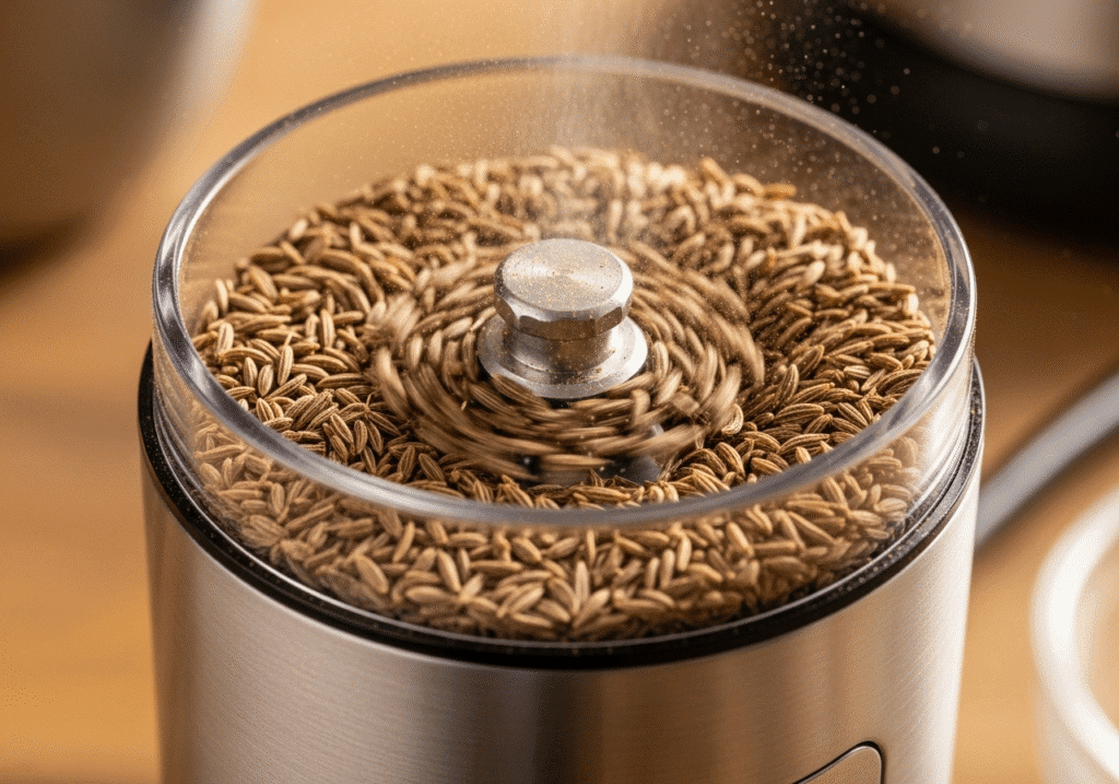 A small electric spice grinder in action, grinding whole cumin seeds into a fresh, aromatic powder..