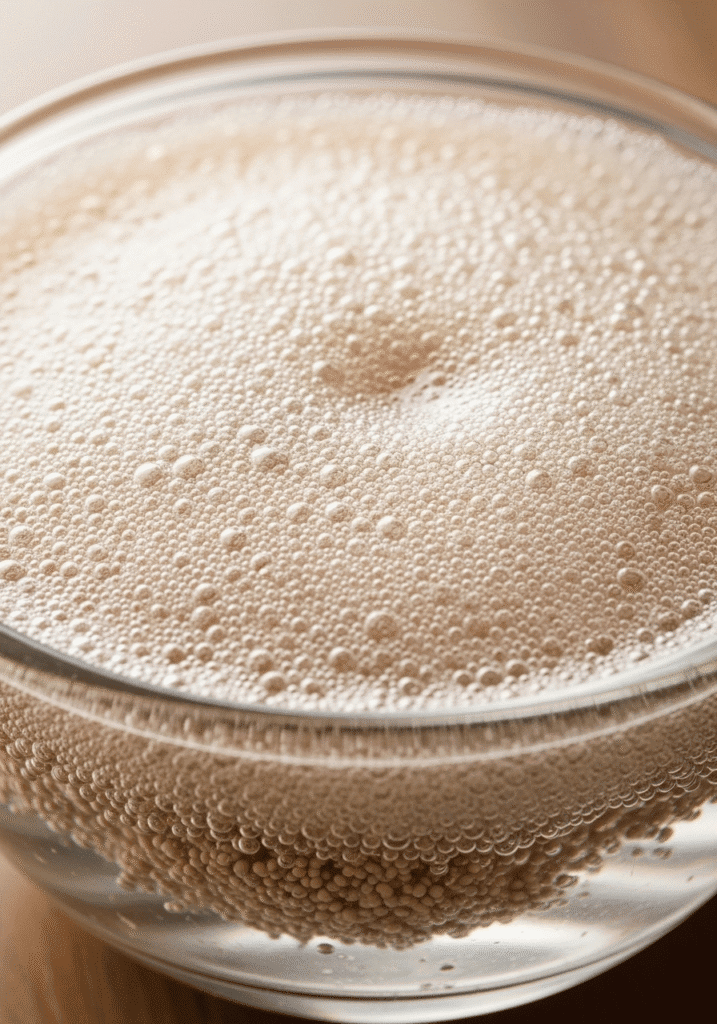 A small glass bowl showing a foamy layer of activated yeast, a test to see if the yeast is alive and working.